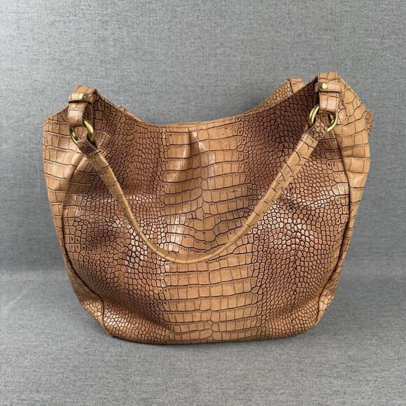 Vtg Brahmin Leather Handbag Large Tan Croc Embossed Smooth Tote Hobo Slouch Boho - Picture 2 of 16